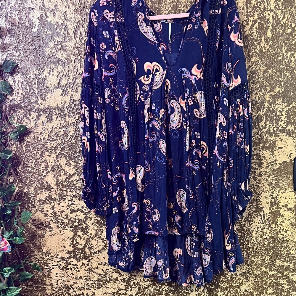 Free People Navy Paisley V-Neck Tunic with Pink Accents and Crochet Trim